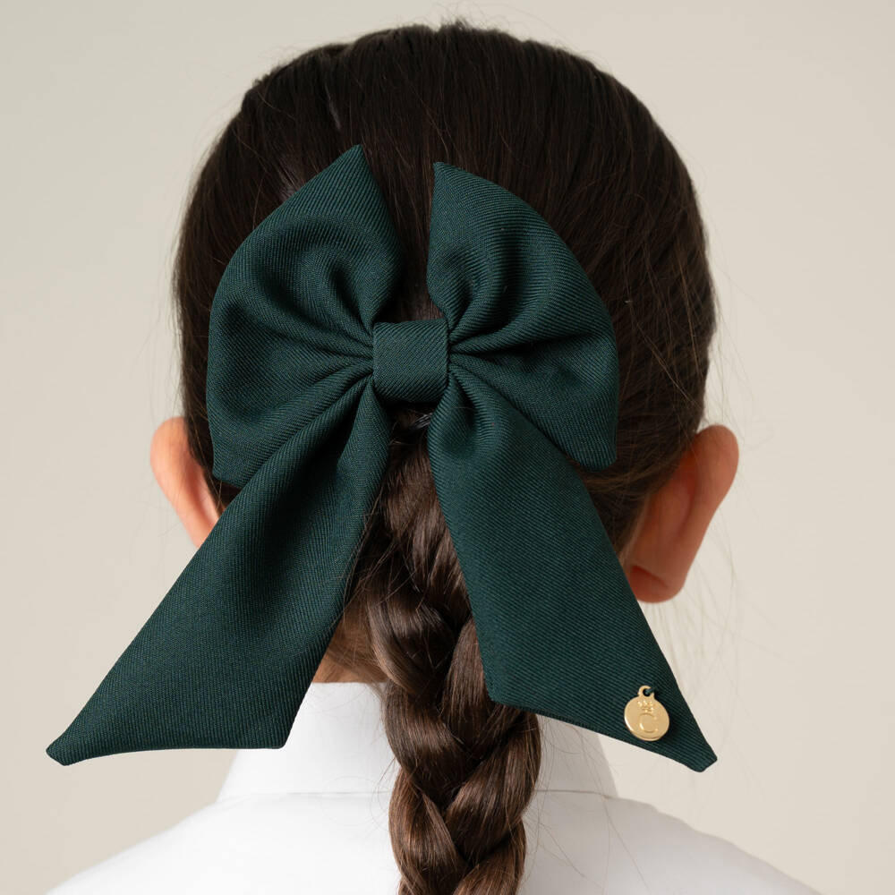 Caramelo Kids-Girls Dark Green Twill Bow Hair Clip (11cm) | Childrensalon
