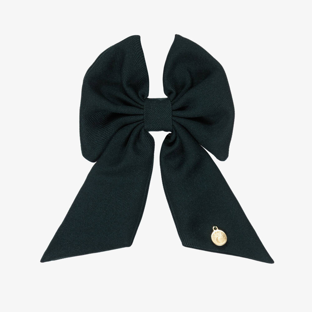 Caramelo Kids-Girls Dark Green Twill Bow Hair Clip (11cm) | Childrensalon