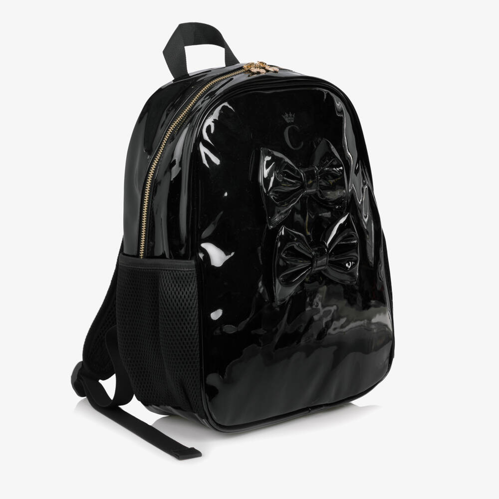 Caramelo Kids-Girls Glossy Black Patent Backpack (35cm) | Childrensalon