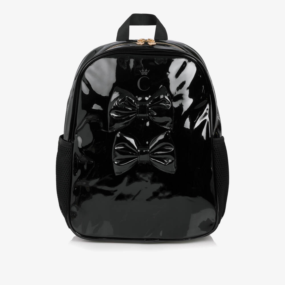 Caramelo Kids-Girls Glossy Black Patent Backpack (35cm) | Childrensalon