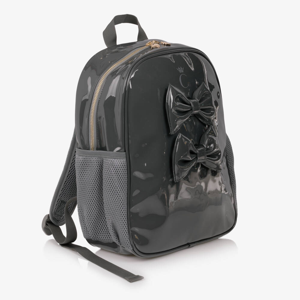 Caramelo Kids-Girls Glossy Grey Patent Backpack (35cm) | Childrensalon