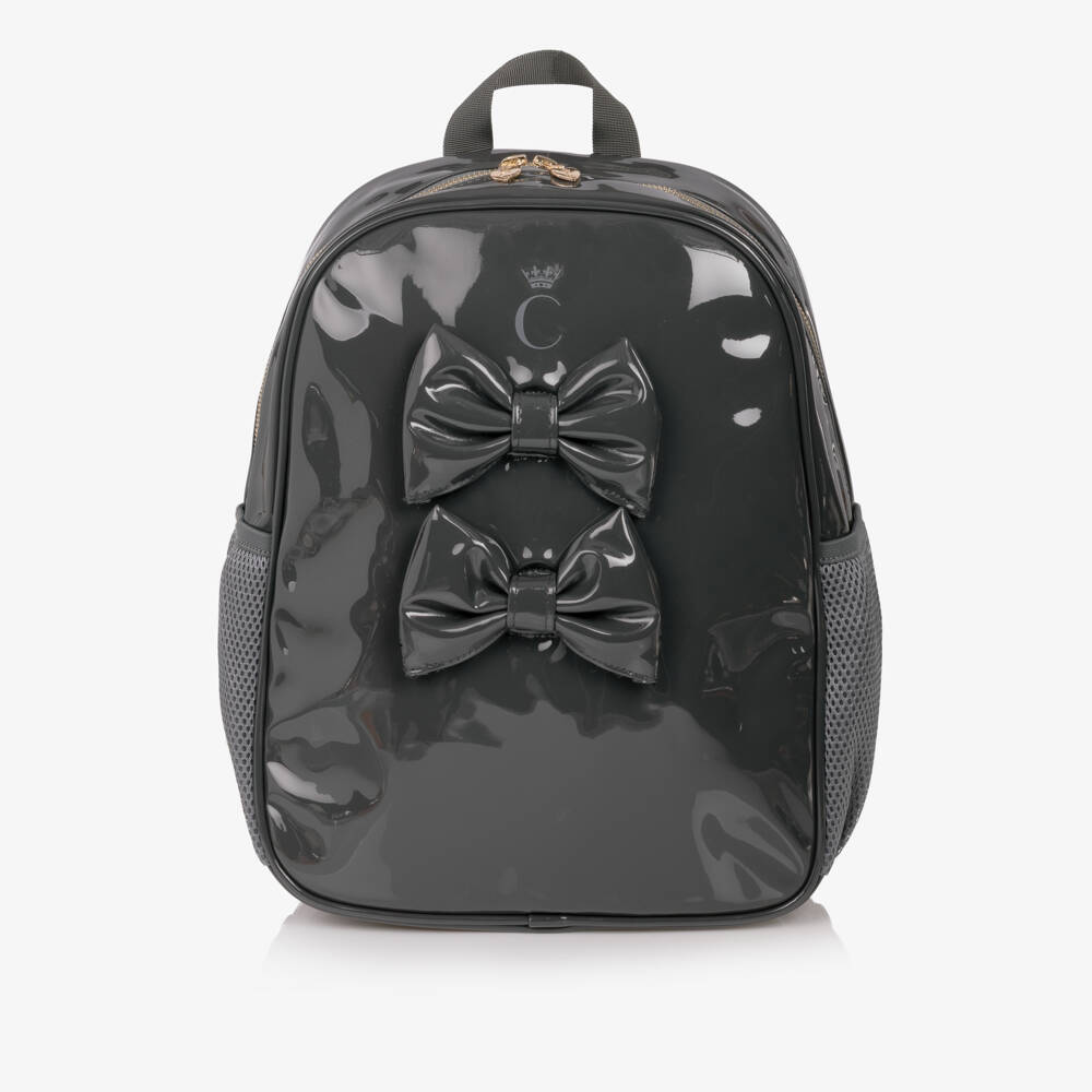 Caramelo Kids-Girls Glossy Grey Patent Backpack (35cm) | Childrensalon
