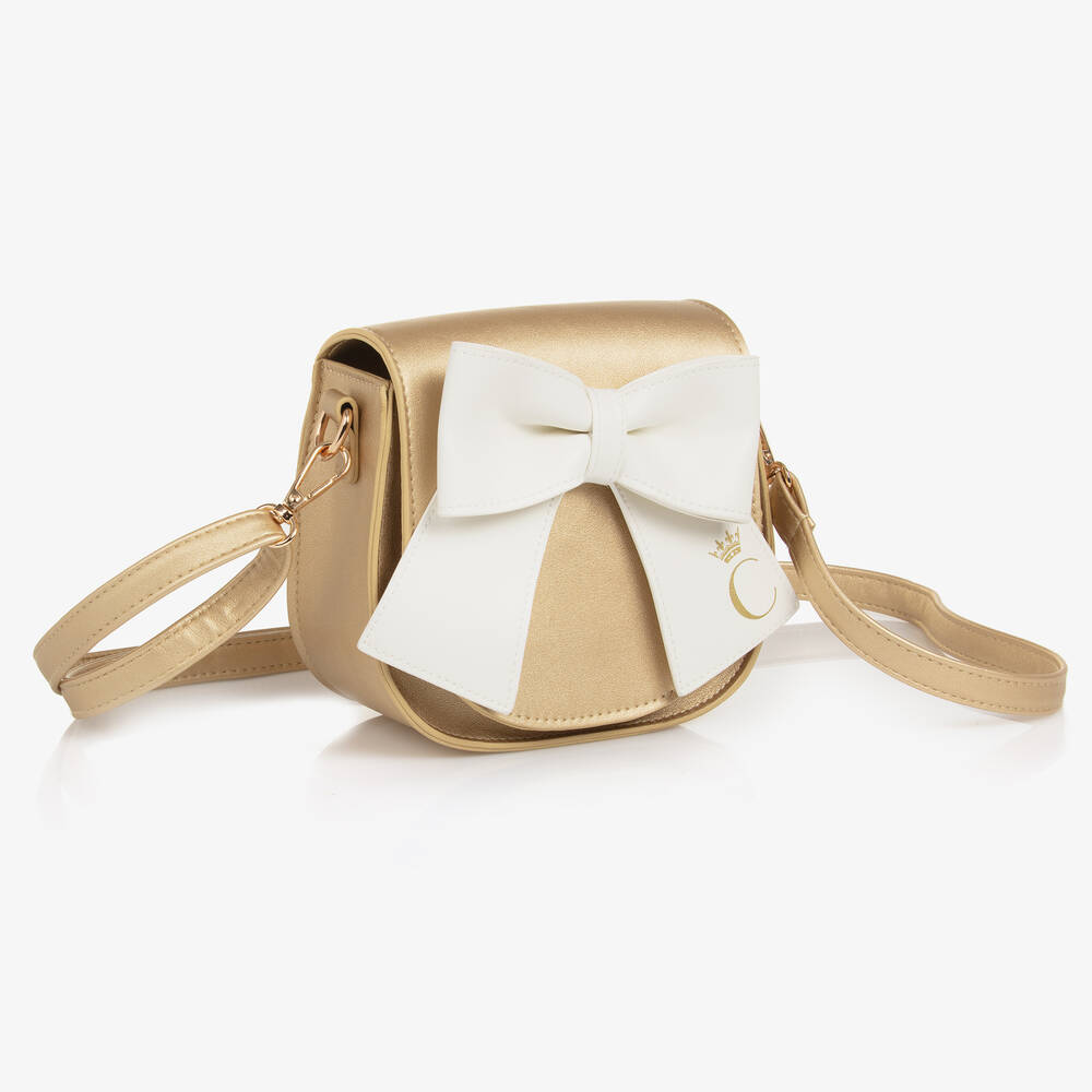 Caramelo Kids-حقيبة بفيونكة جلد صناعي لون ذهبي (16 سم) | Childrensalon