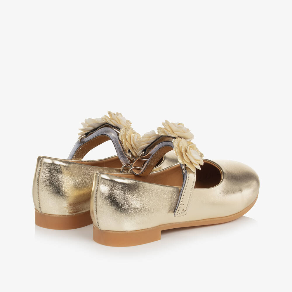 Caramelo Kids-Girls Gold Floral Mary Jane Shoes | Childrensalon