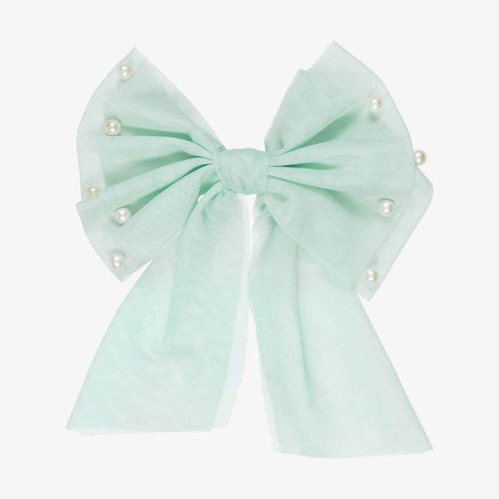 Caramelo Kids-Girls Green Tulle Bow Hair Clip with Pearl Beads (17cm) | Childrensalon
