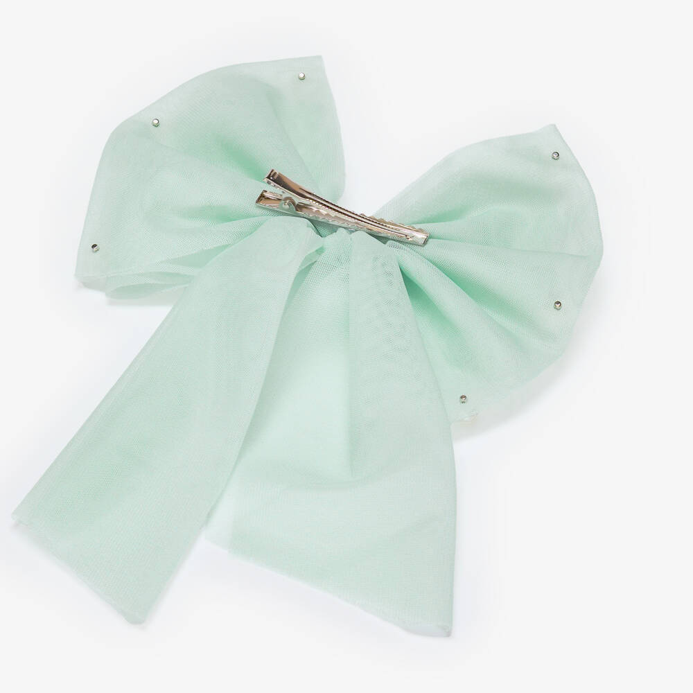 Caramelo Kids-Girls Green Tulle Bow Hair Clip with Pearl Beads (17cm) | Childrensalon