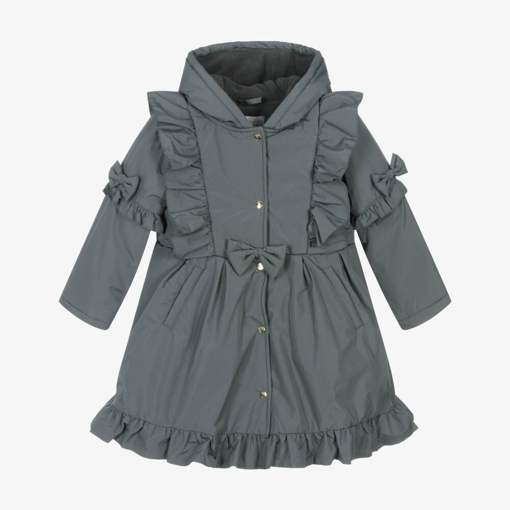 Caramelo Kids-Girls Grey Hooded Coat with Ruffles & Bows | Childrensalon