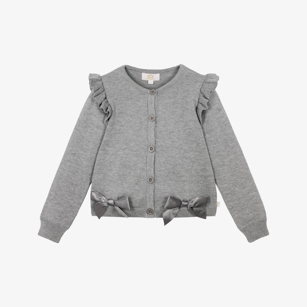 Caramelo Kids-Girls Grey Knitted Cardigan with Ruffles & Bows | Childrensalon
