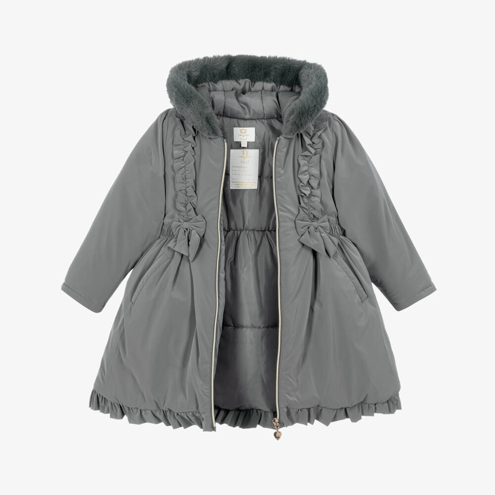 Caramelo Kids-Girls Grey School Coat with Ruffles & Bows | Childrensalon