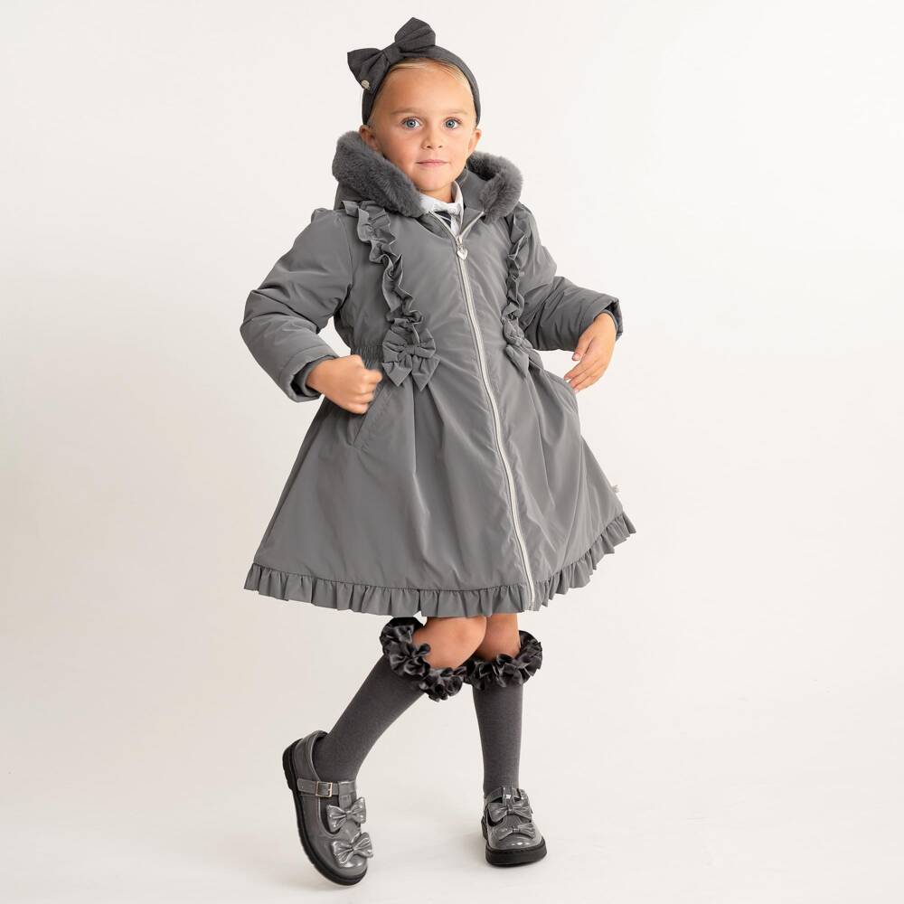Caramelo Kids-Girls Grey School Coat with Ruffles & Bows | Childrensalon