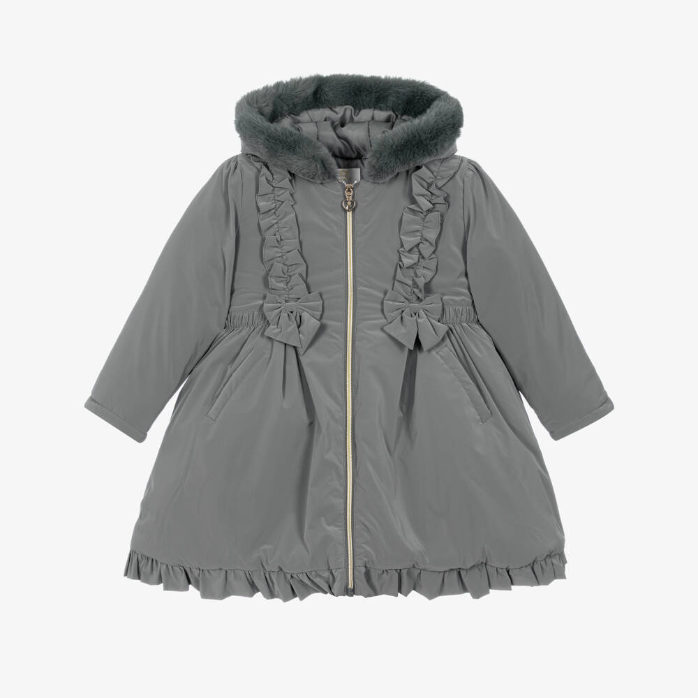 Caramelo Kids-Girls Grey School Coat with Ruffles & Bows | Childrensalon