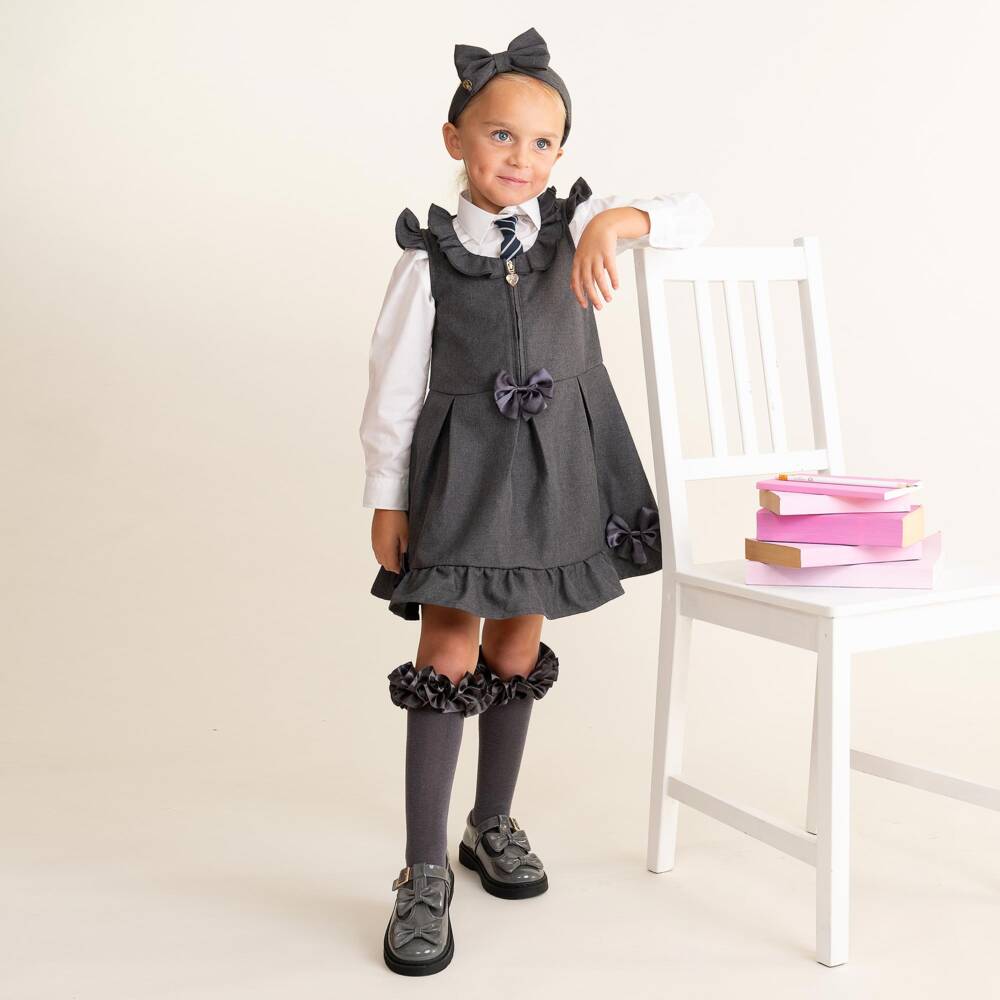 Caramelo Kids-Girls Grey School Pinafore Dress with Bows | Childrensalon