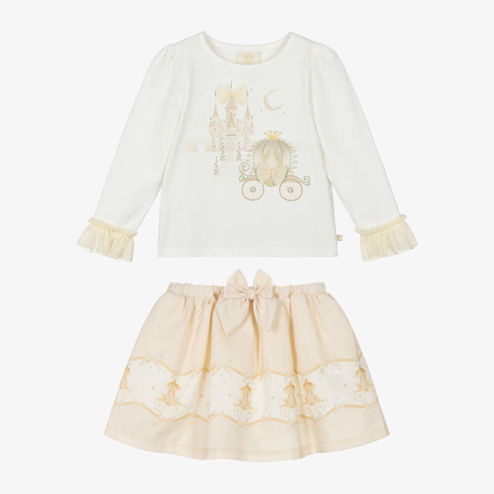 Caramelo Kids-Girls Ivory & Beige Cotton Fairy Tale Castle Skirt Set | Childrensalon