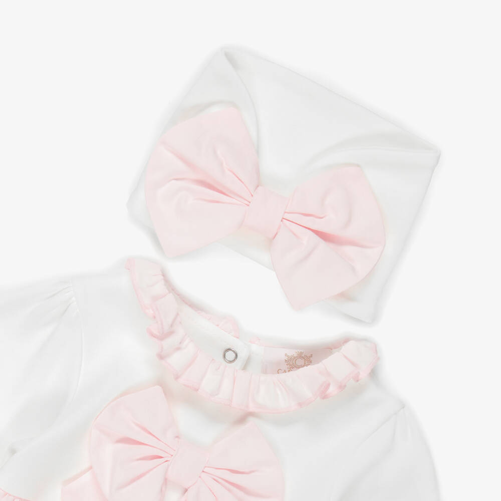 Caramelo Kids-Girls Ivory Cotton Jersey Babygrow & Headband Set | Childrensalon