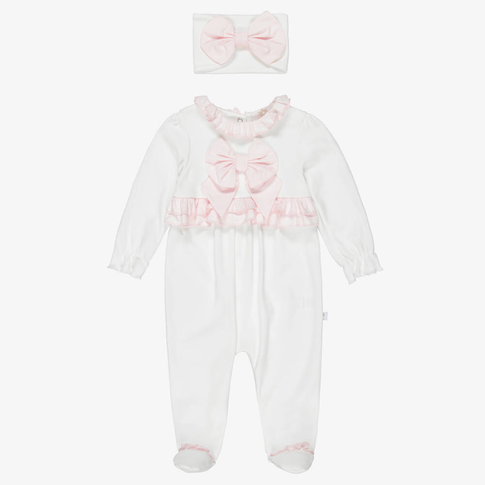 Caramelo Kids-Girls Ivory Cotton Jersey Babygrow & Headband Set | Childrensalon