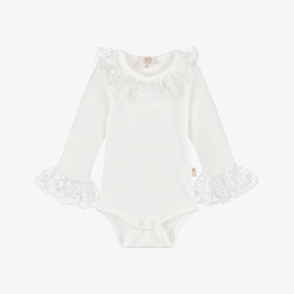 Caramelo Kids-Кремовое хлопковое боди с кружевом | Childrensalon