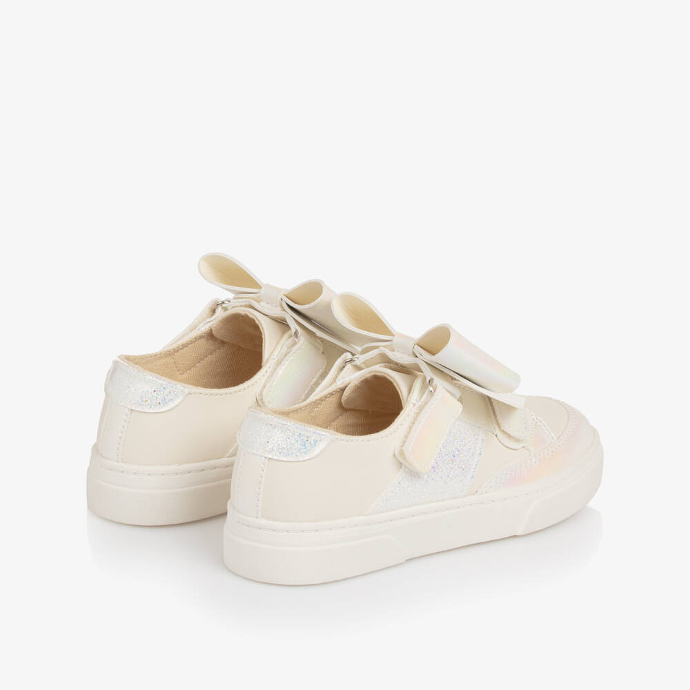 Caramelo Kids-Girls Ivory Faux Leather Bow Trainers | Childrensalon