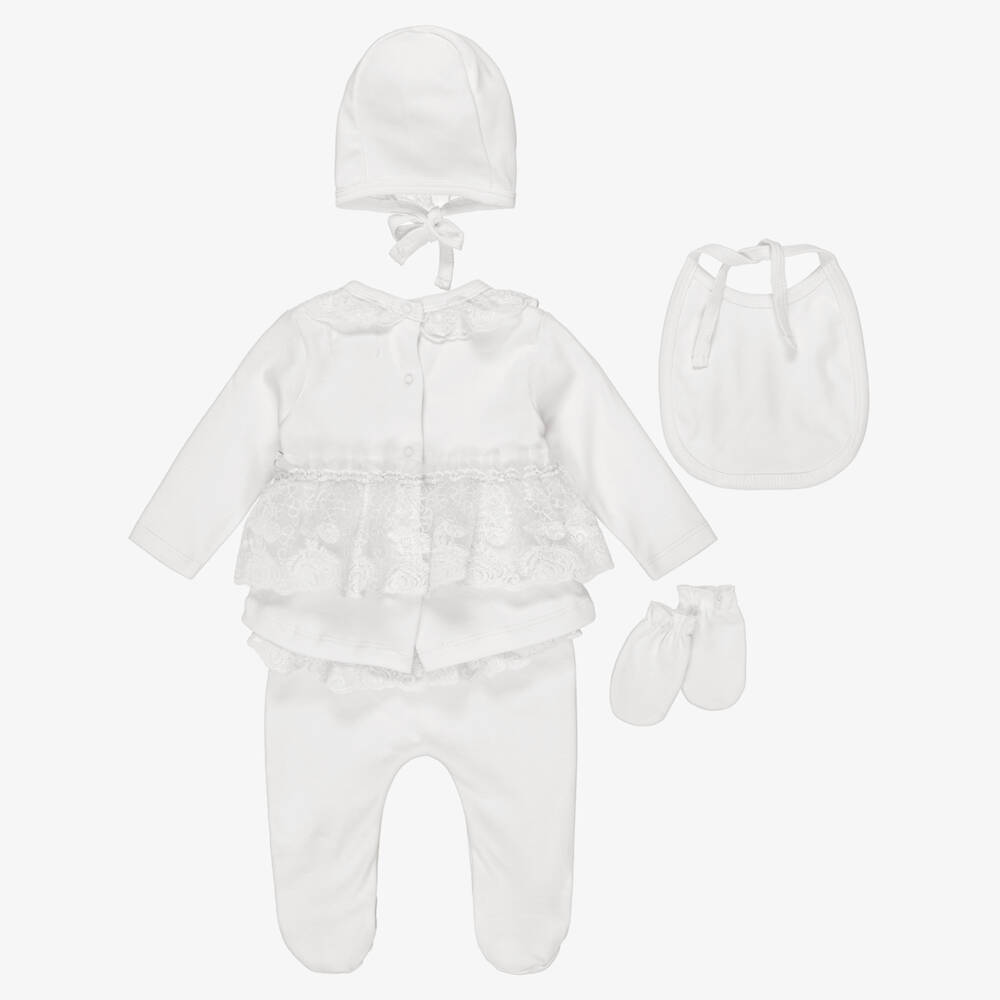 Caramelo Kids-Girls Ivory Jersey Two-Piece Babygrow Set with Lace Trim | Childrensalon