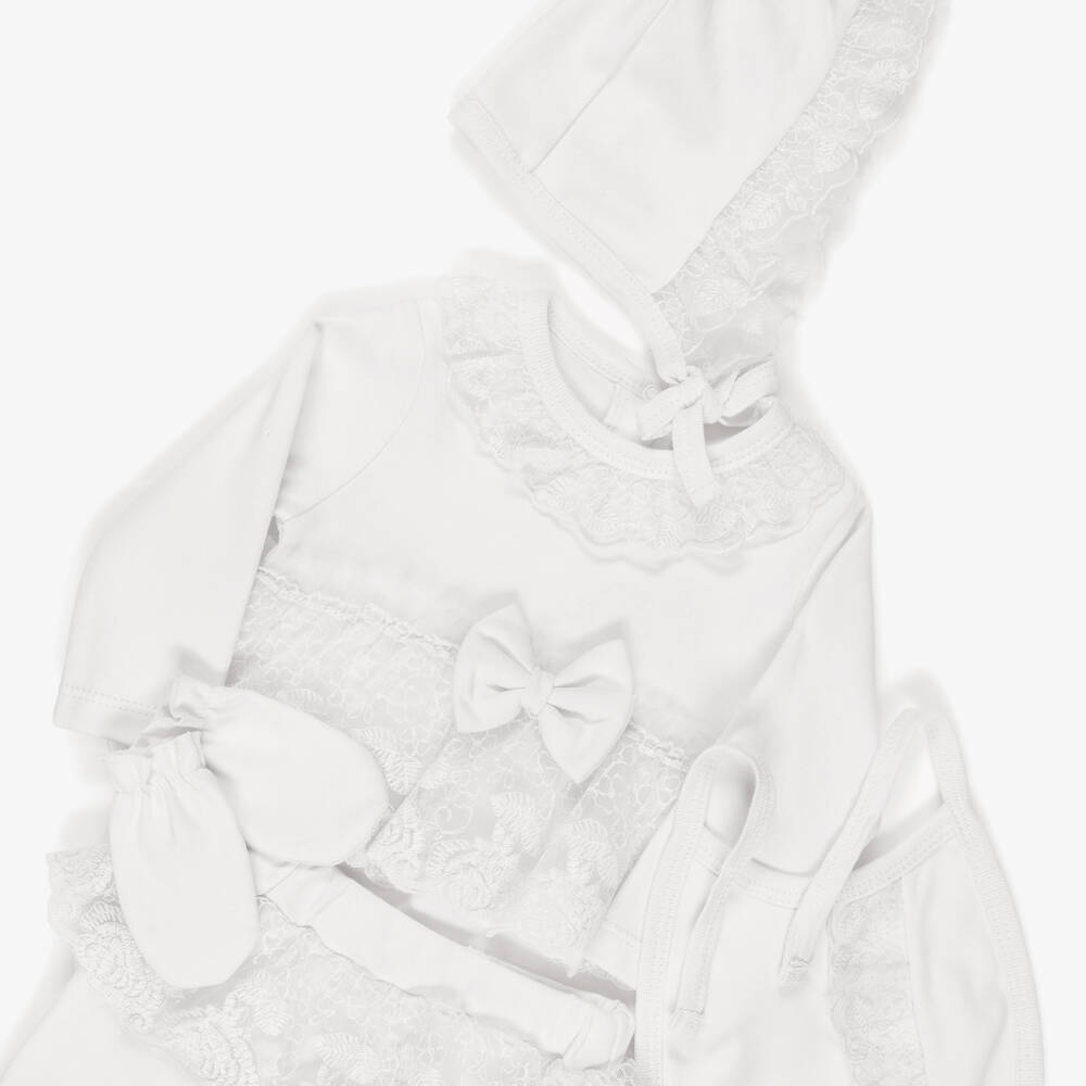 Caramelo Kids-Girls Ivory Jersey Two-Piece Babygrow Set with Lace Trim | Childrensalon