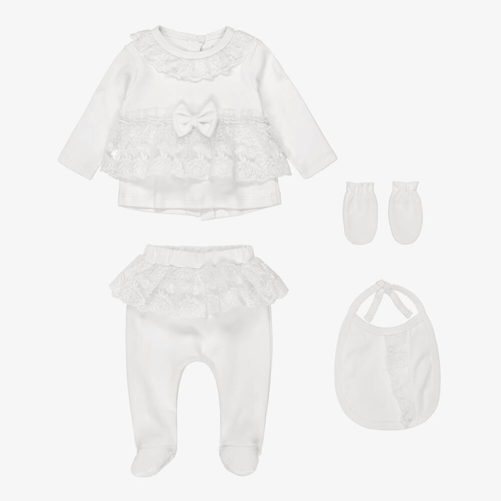 Caramelo Kids-Girls Ivory Jersey Two-Piece Babygrow Set with Lace Trim | Childrensalon