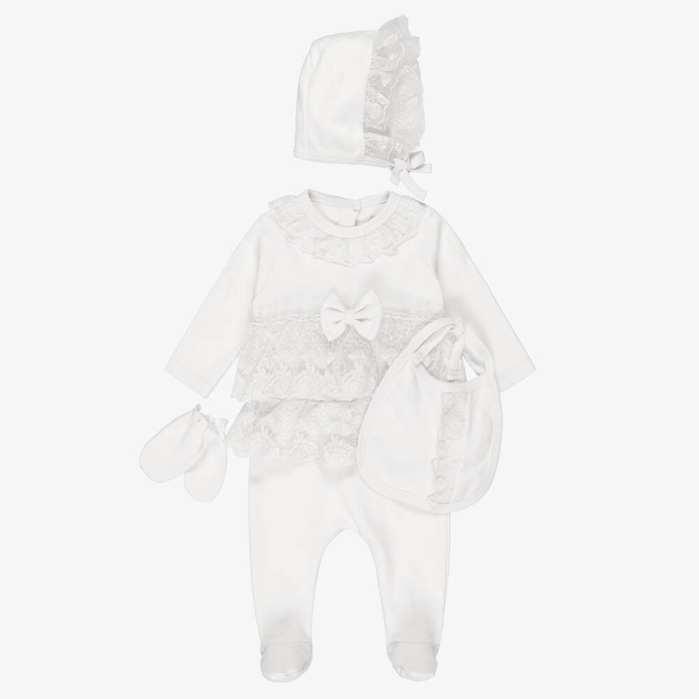Caramelo Kids-Girls Ivory Jersey Two-Piece Babygrow Set with Lace Trim | Childrensalon