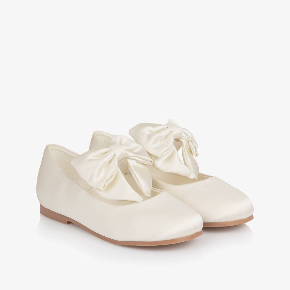 Caramelo Kids-Girls Ivory Satin Mary Jane Shoes with Bows | Childrensalon