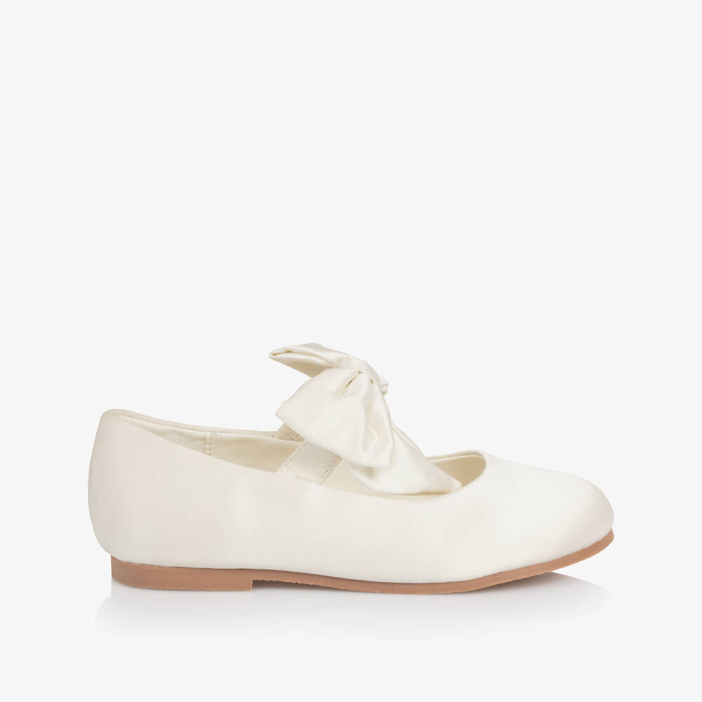 Caramelo Kids-Girls Ivory Satin Mary Jane Shoes with Bows | Childrensalon