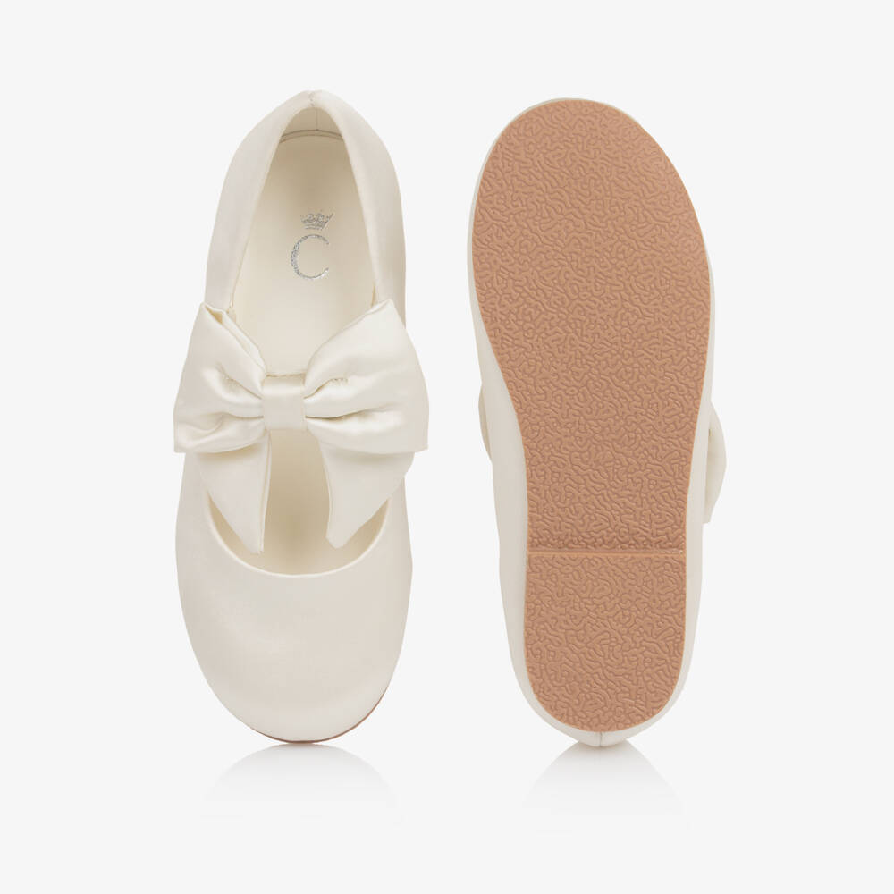 Caramelo Kids-Girls Ivory Satin Mary Jane Shows with Bows | Childrensalon