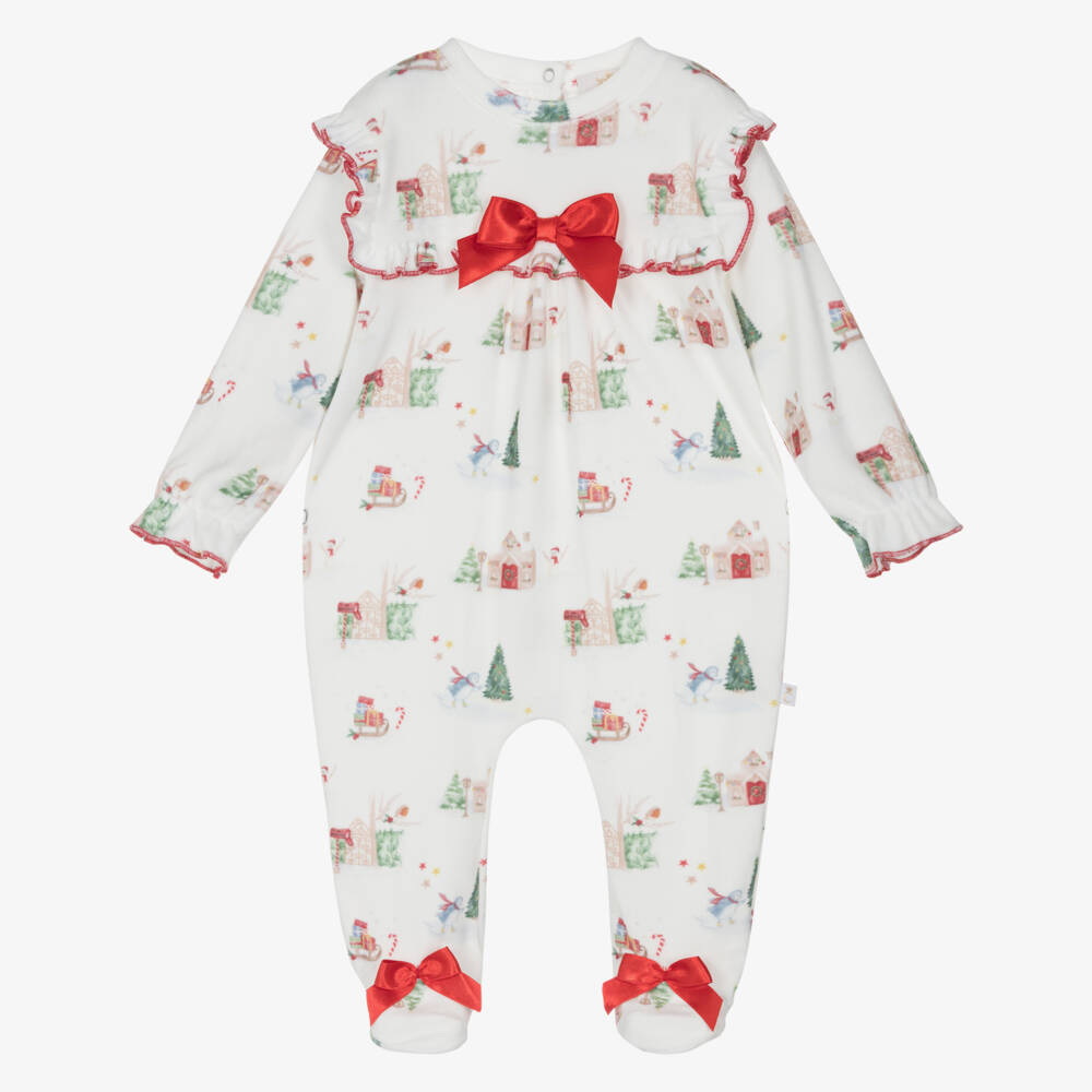 Caramelo Kids-Girls Ivory Velour Christmas Babygrow with Red Satin Bow | Childrensalon