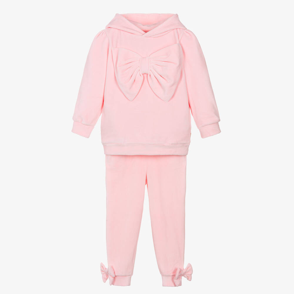Caramelo Kids-Girls Light Pink Velour Tracksuit with Bows | Childrensalon