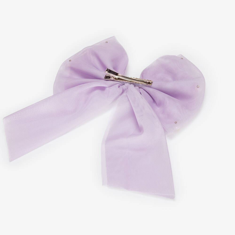 Caramelo Kids-Girls Lilac Tulle Bow Hair Clip with Pearl Beads (17cm) | Childrensalon