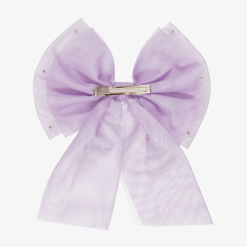 Caramelo Kids-Girls Lilac Tulle Bow Hair Clip with Pearl Beads (17cm) | Childrensalon