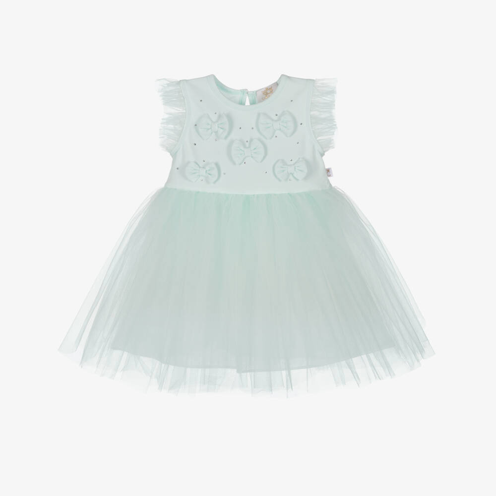 Caramelo Kids-Girls Mint Green Bow Dress with Tulle Skirt | Childrensalon
