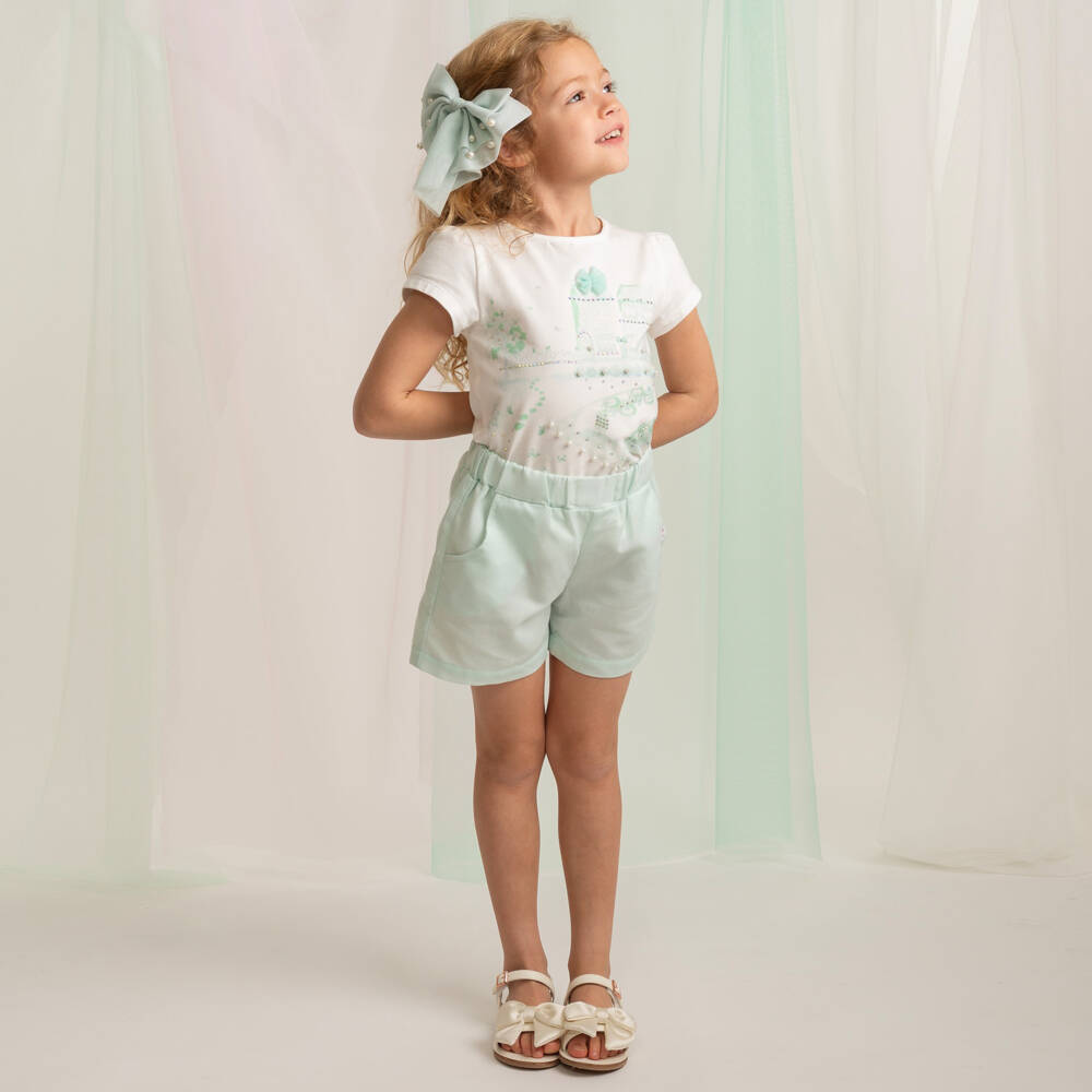 Caramelo Kids-طقم شورت مزين باللؤلؤ والكريستال لون أخضر نعناعي للبنات | Childrensalon