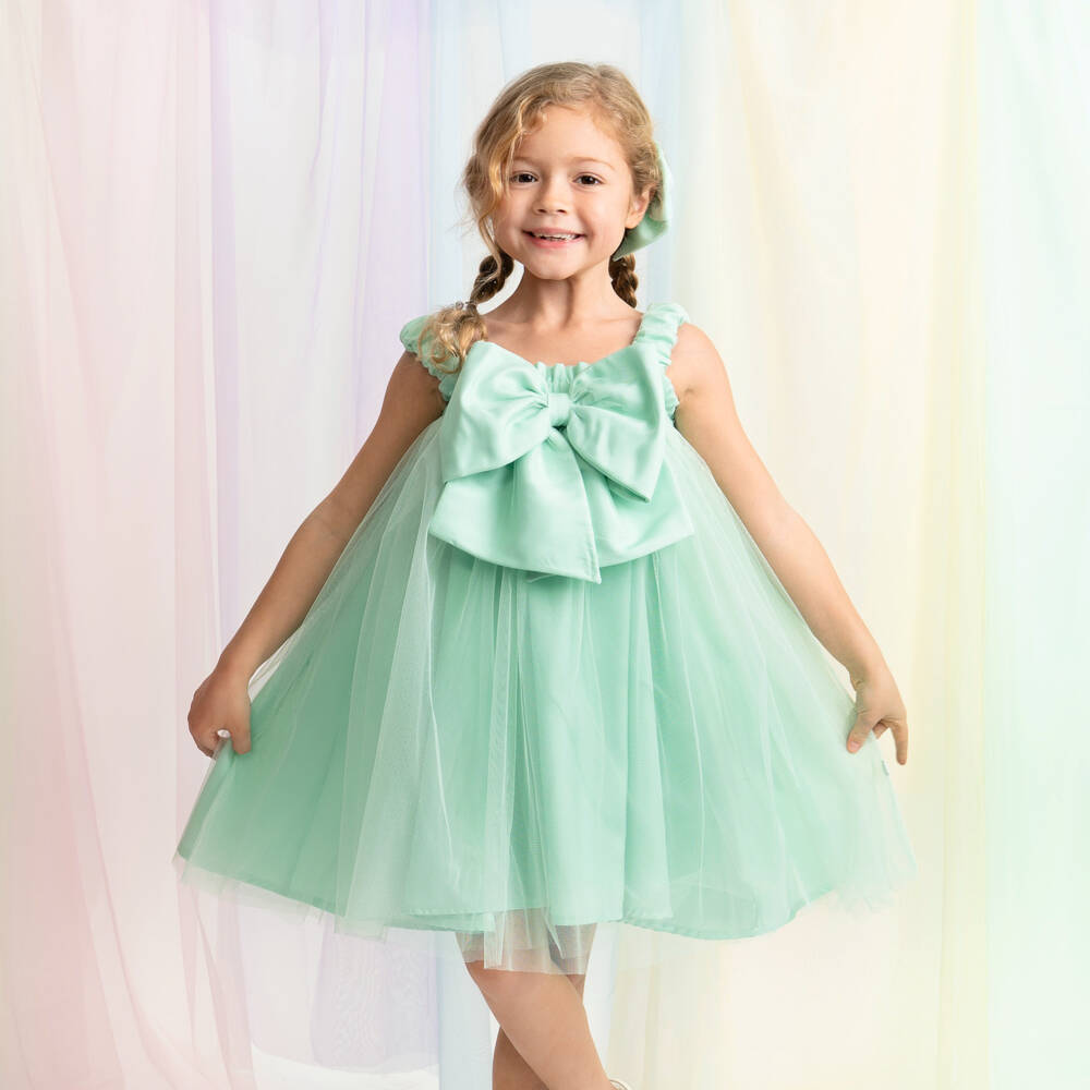 Caramelo Kids-Платье мятно-зеленое из тюля с бантом для девочек | Childrensalon