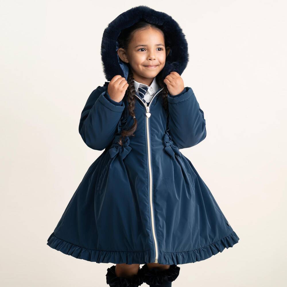Caramelo Kids-Girls Navy Blue School Coat with Ruffles & Bows | Childrensalon