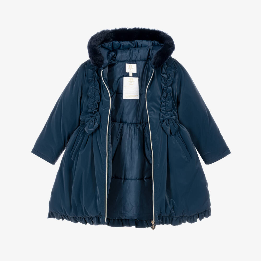 Caramelo Kids-Girls Navy Blue School Coat with Ruffles & Bows | Childrensalon