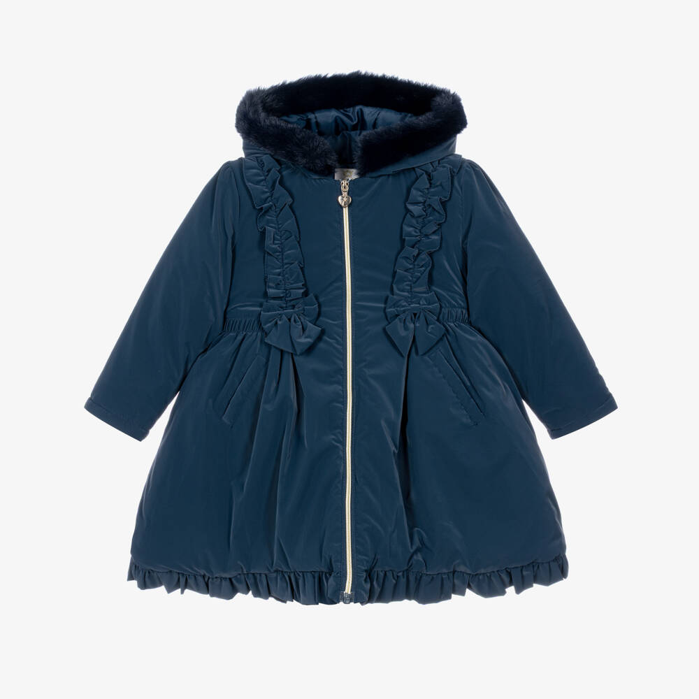 Caramelo Kids-Girls Navy Blue School Coat with Ruffles & Bows | Childrensalon