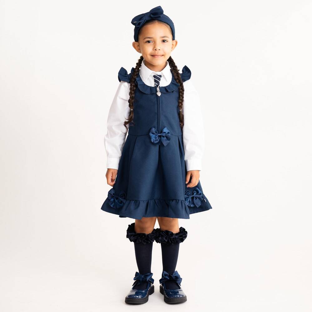 Caramelo Kids-Girls Navy Blue School Pinafore Dress with Bows | Childrensalon