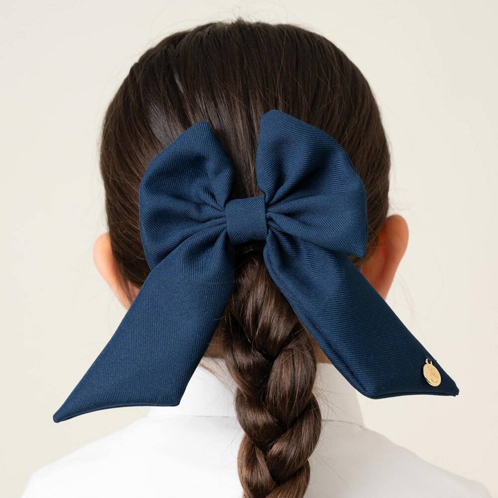 Caramelo Kids-Girls Navy Blue Twill Bow Hair Clip (11cm) | Childrensalon