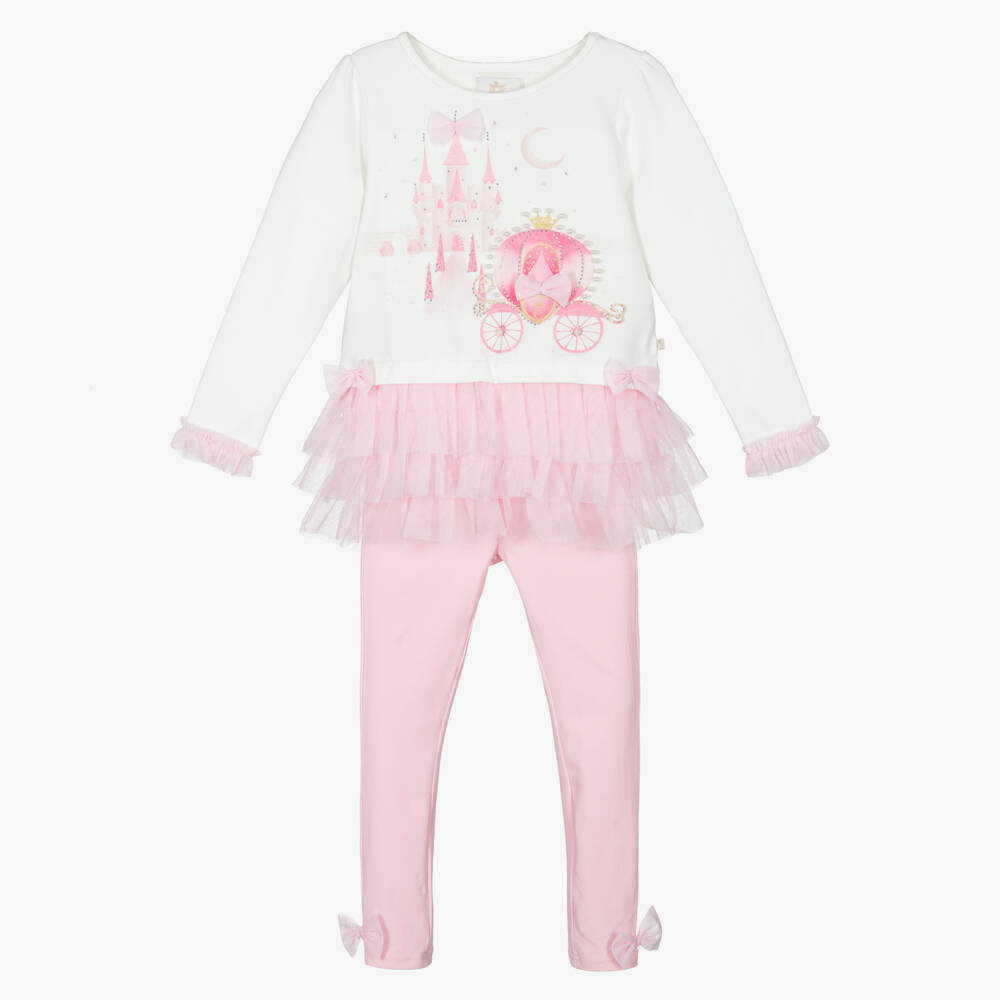 Caramelo Kids-Girls Pale Pink Cotton Fairy Tale Castle Leggings Set | Childrensalon