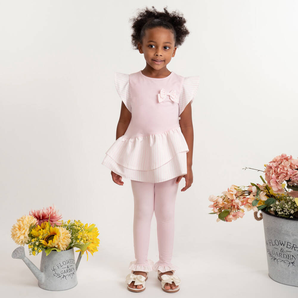 Caramelo Kids-Girls Pale Pink Cotton Jersey Leggings Set with Striped Trim | Childrensalon