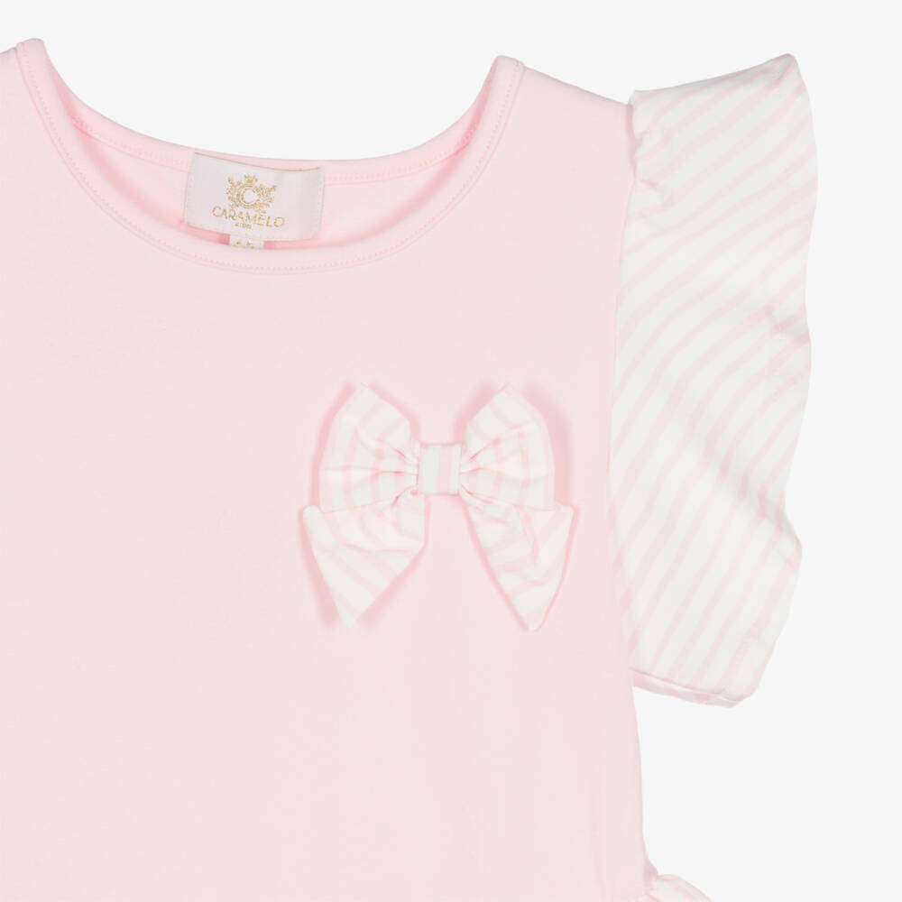 Caramelo Kids-Girls Pale Pink Cotton Jersey Leggings Set with Striped Trims | Childrensalon