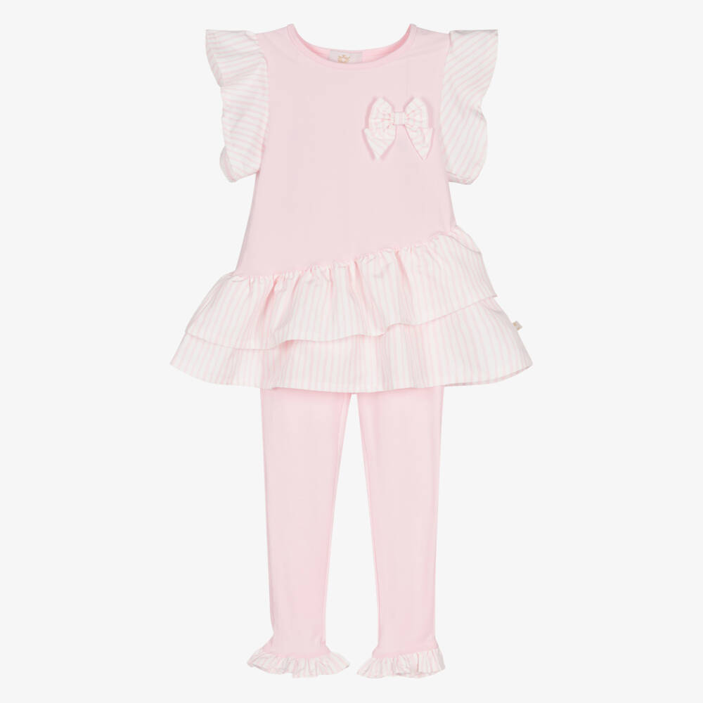 Caramelo Kids-Girls Pale Pink Cotton Jersey Leggings Set with Striped Trims | Childrensalon