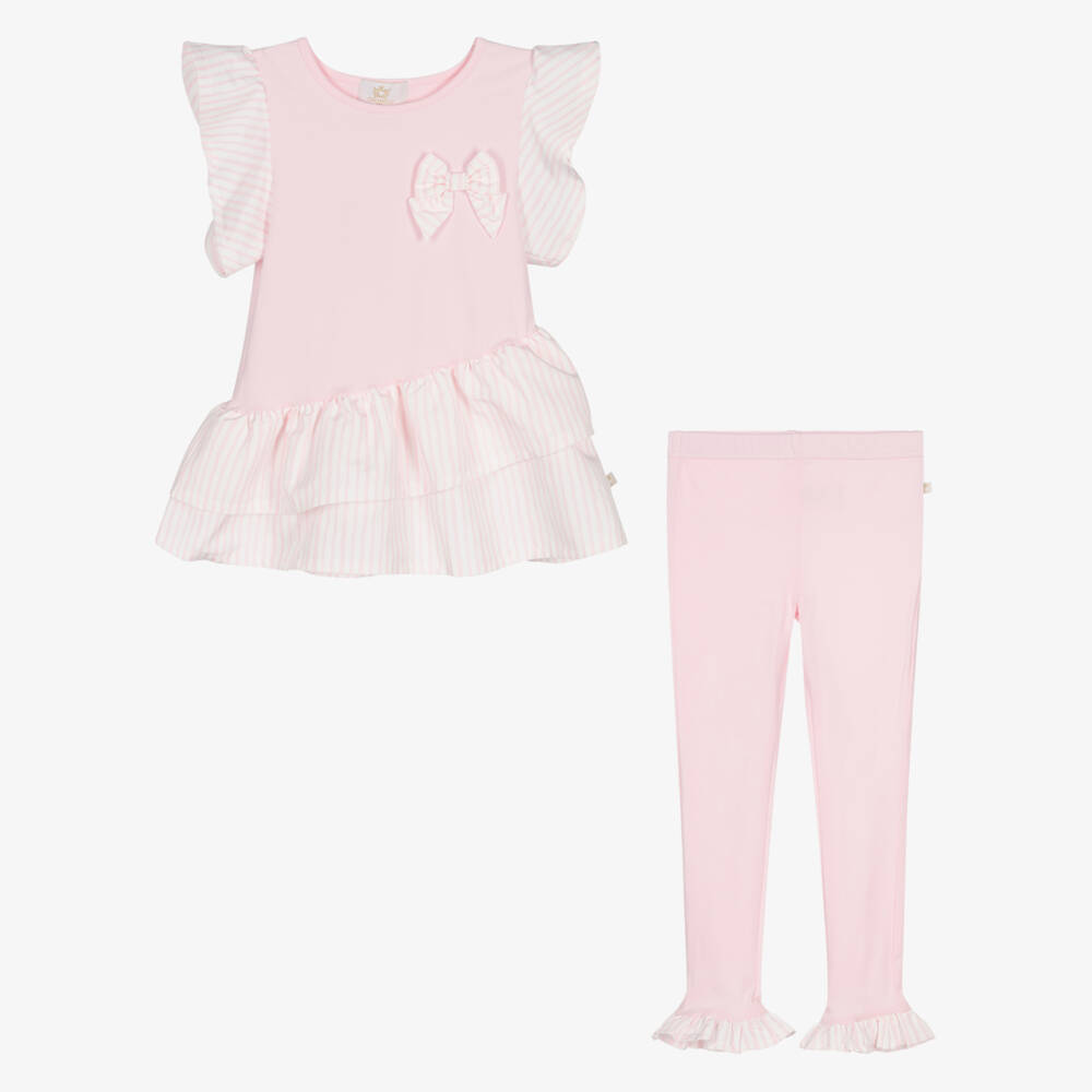 Caramelo Kids-Girls Pale Pink Cotton Jersey Leggings Set with Striped Trims | Childrensalon