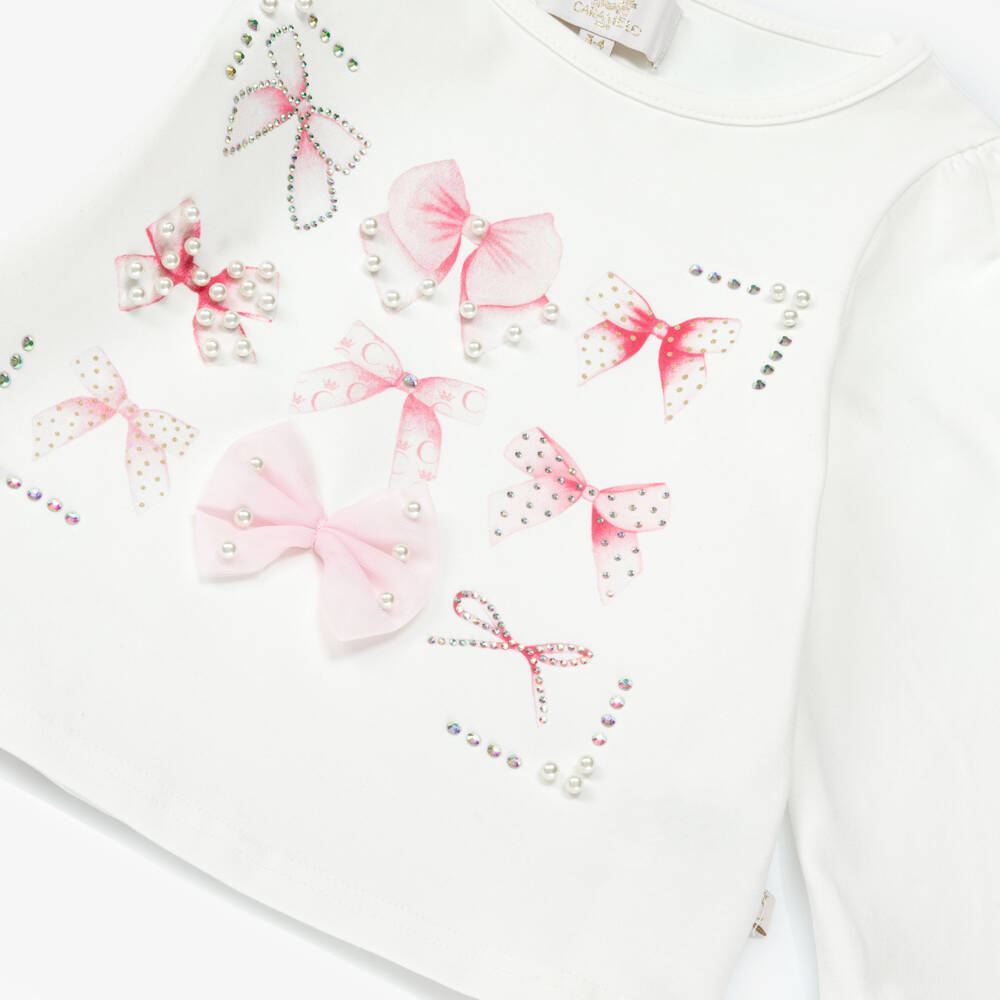 Caramelo Kids-Girls Pale Pink Cotton Skirt Set with Bows, Diamantés & Pearls | Childrensalon