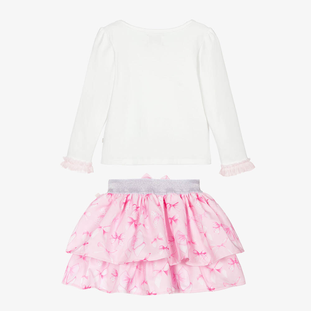 Caramelo Kids-Girls Pale Pink Cotton Skirt Set with Bows, Diamantés & Pearls | Childrensalon