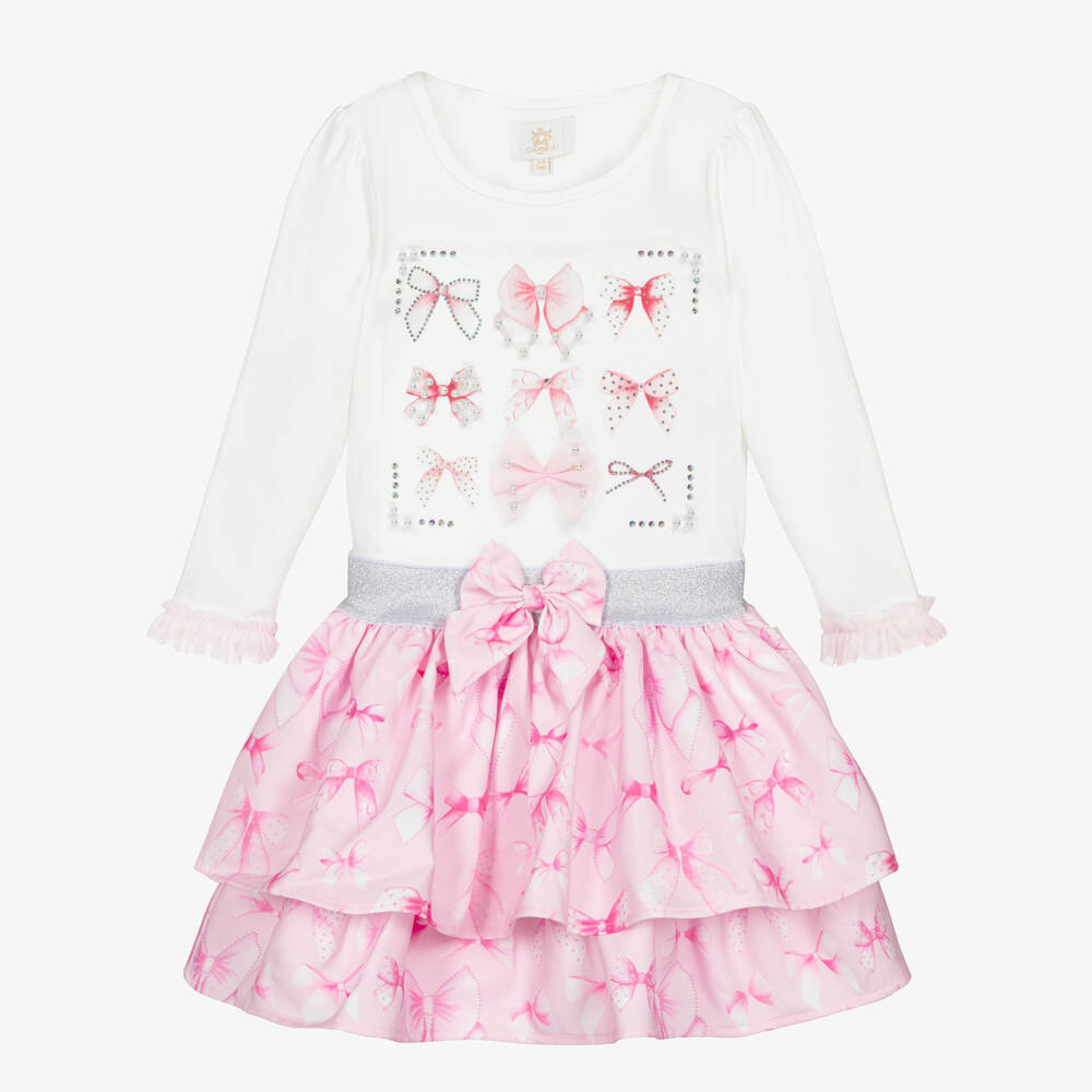 Caramelo Kids-Girls Pale Pink Cotton Skirt Set with Bows, Diamantés & Pearls | Childrensalon