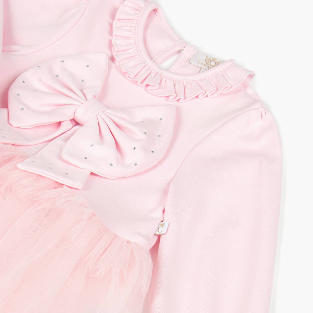 Caramelo Kids-Girls Pale Pink Tulle Dress Set with Diamanté Bows | Childrensalon