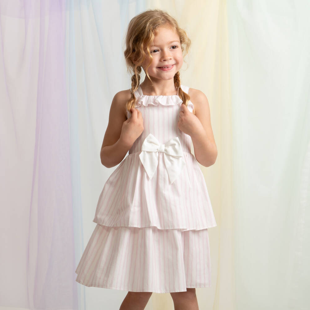 Caramelo Kids-Girls Pale Pink & White Cotton Candy Stripe Dress & Hair Clip | Childrensalon